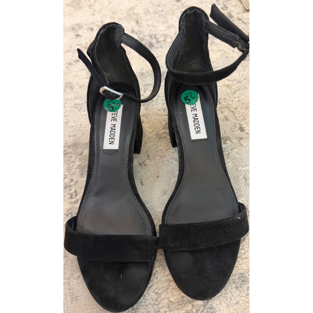 Steve Madden Irenee Black Suede Block Heel Ankle Strap Sandals Womens 5.5